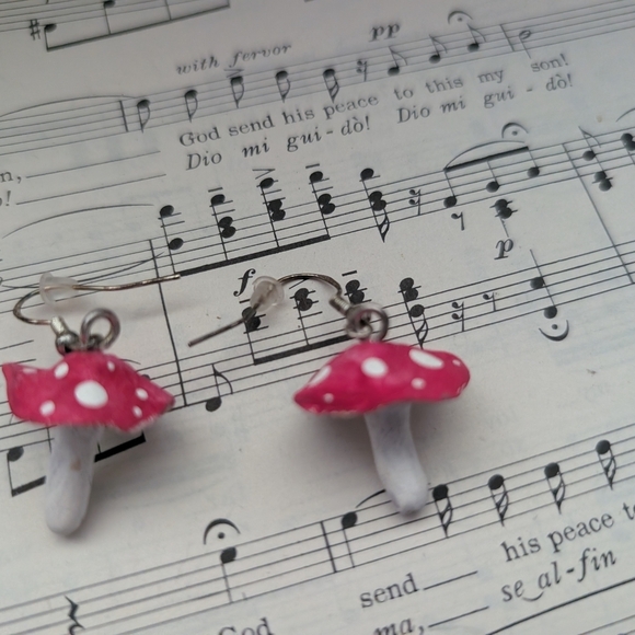 Pink and White Mushroom Earrings - Picture 2 of 13